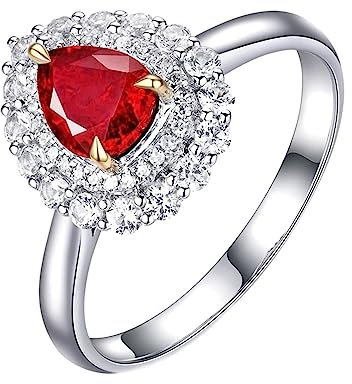 Eheringe 750 Gold, Eheringe Modern Halo Wassertropfen Labor Geschaffener Rubin 0.92ct Birnenform Taubenblutrot Gr.45 (14.3) 18K Weißgold