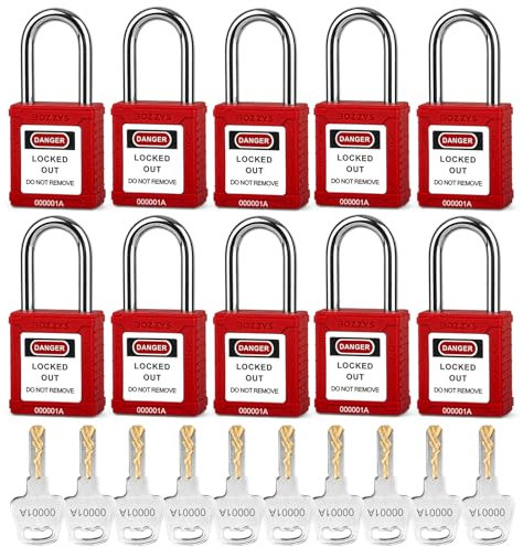 BOZZYS Verrous de verrouillage, cadenas Loto à clés identiques, anse en acier de 38 mm, corps en plastique (BD-G01KA-10PCS-Rouge, clés identiques-1 clé par serrure)