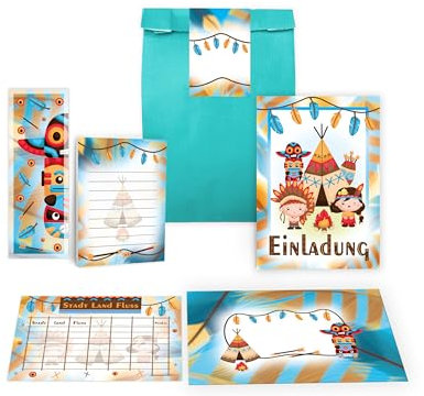 8 Einladungskarten zum Kindergeburtstag Einladung Geburtstag Mädchen Jungen Boys Mitgebsel inkl. 8 Umschläge, 8 Tüten, 8 Aufkleber, 8 Lesezeichen, 8 Blöcke, 8 Stadt-Land-Fluss Indianer Indianerdorf