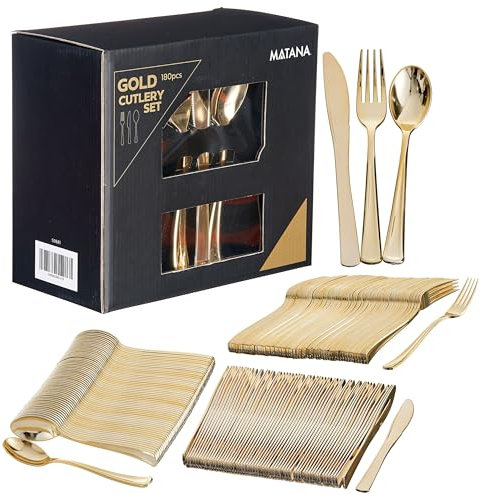 MATANA - 360 Elegant Gold Plastic Cutlery Set - 120 Knives, 120 Forks, 120 Spoons - Hand Washable, Reusable & Heavy Duty Tableware for Weddings, Birthday, Parties & Events