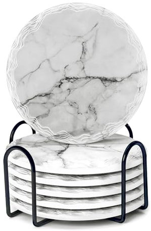 WSRY-Home Ceramic Coasters Set of 6,Drink Coasters with Holder and Anti-slip Cork Bottom for Mugs Glasses Cups,Marble Coasters