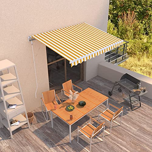 Iiaky Tenda da Sole Retrattile Manuale 350x250 cm Gialla e Bianca,Tenda da Sole per Esterno Avvolgibile,Tenda da Sole a Bracci Estensibili con Telaio in Alluminio,Tettuccio Resistente al Sole e Imperm