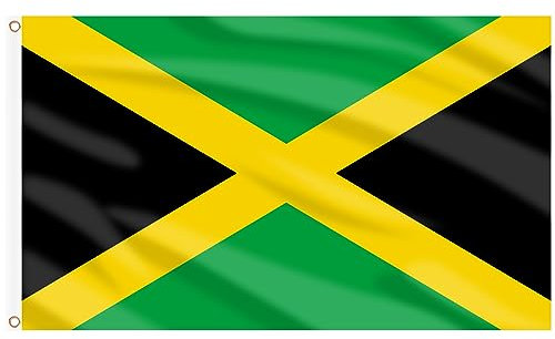 AhfuLife Bandera de Jamaica 90cm x 150cm, 4 Piezas Bandera Jamaicana con Agujeros de Latón en Ambos Lados, Decoración Día Nacional Callejeras Jardin Escuela Barra Fiesta
