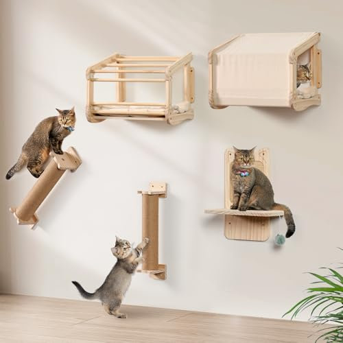 Kletterwand Katzen aus Echtholz für große Katze bis 25KG, LitaiL 5tlg Katzen Kletterwand Set, 2X Katzenbett mit Weiche Kissen | 2X Kratzsäule | 1x Kratzbrett mit Sisal Matte für Wandmontage, Beige