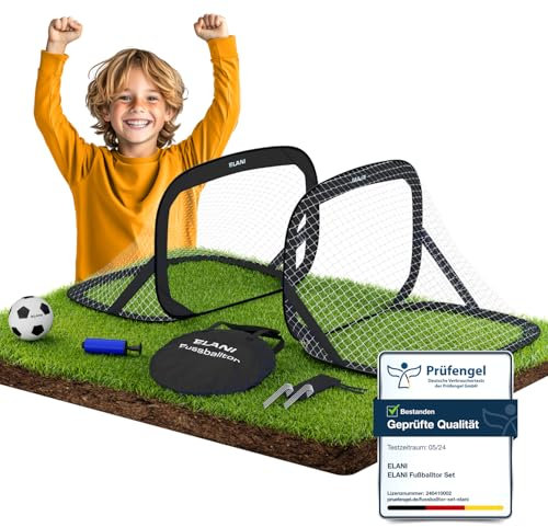 ELANI Fußballtor Kinder Pop-Up 2er Set - faltbar mit Ball & Pumpe, 50% Kleiner + Easy Aufbau, mini Fussballtor klein, Goal, Fussballtore für Garten Kinder, Fußballtore, Fussball Tor, Fußball