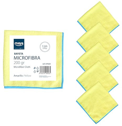Maya Bayeta Terry 200G. Limpieza Eficaz y Sin Marcas. 100% Microfibra. para Todo Tipo de Superficies. Pack de 5 Unidades (Amarillo)