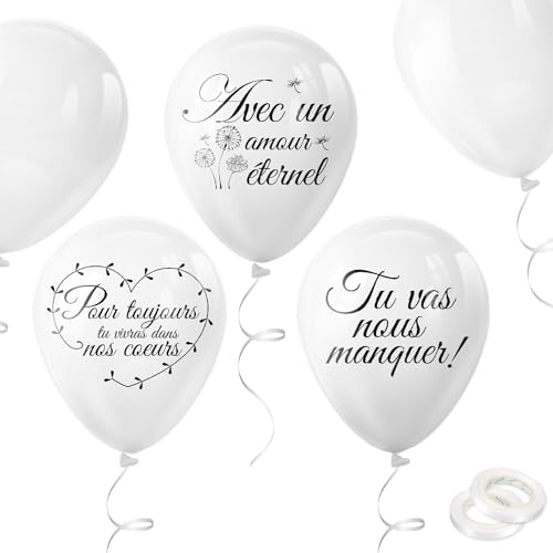 DPKOW 38 Stück Blanc Funérailles Ballons, Deuil Funebre Ballons in Weiß, Gedächtnisballons für Beerdigung, mit 'Tu vas nous manquer', 'Pour toujours tu vivras dans nos coeurs', 'Avec un amour éternel'