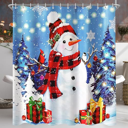 Lerores Rideau de douche bonhomme de neige de Noël avec ourlet lesté, anti-moisissure, hydrofuge, lavable, en polyester, avec 12 œillets et anneaux pour salle de bain, 200 x 200 cm