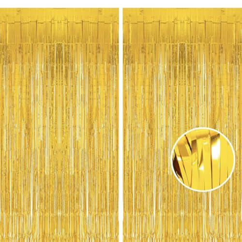 ZayNey Lametta Vorhang 2 Stück 1 M x 2 M, Deko Vorhang, Geburtstags Deko, Partyvorhänge, Gläzende Metallic-Vorhänge, Funkelnde Folienvorhänge, (Gold)