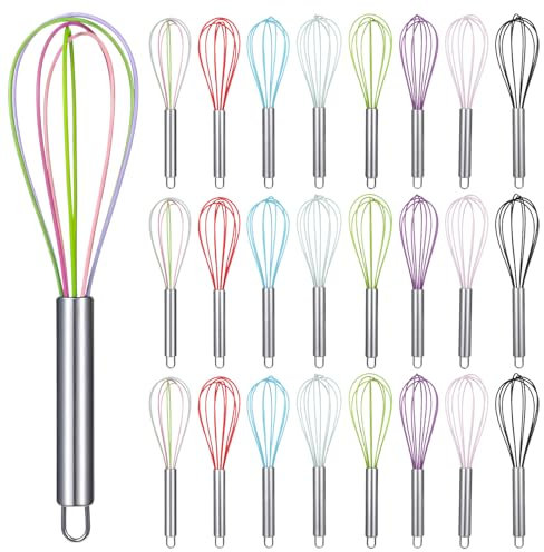 24 Pcs 10 Inch Whisks Bulk for Cooking Silicone Whisks Non Scratch Stainless Steel Hand Whisks Large Coated Metal Heat Resistant Egg Beaters for Cooking Party Favor Gift Supplies