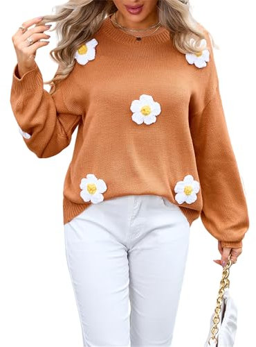 HEYPORK Damen Herbst Winter Warm Bequem Pullover Casual Mode Strickjacke Strickpullover Frauen Blume Pullover Rundhals Langarm Strickwaren(Braun, XL)