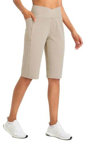 baleaf Womens Shorts Ladies Bermuda Running Long Short 14 Knee Length High Waisted Gym Shorts with Pockets Yoga Khaki L