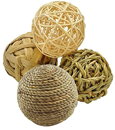 Pequeños animales juguetes, mascotas juegan bola de hierba ratán para masticar juguetes de conejo bola de paja divertida masticando juguete de dentición para conejos conejillos de indias 4pcs