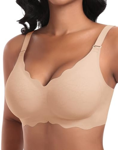 Ganado Damen Nahtloser BH Ohne Bügel Tiefem V-Ausschnitt gewellte Ränder Bequemer BH Bralette Soft BHS Bügellos Bustier Bra (Beige-Doppel Vorderwelle, 2XL)