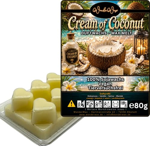 WonderWax® Duftriegel 6 x Duftwachs Herzen Weiß Cream of Coconut | Farbe: Weiß | Raumduft für Duftlampen, Wax Melt, Sojawachs, Indoor Duftöl Wachs schmelzen für Aromalampe