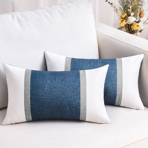 2er Set Kissenbezug 30x50 Sofakissen Dekokissen Blau Baumwolle Leinen Kissenhülle Streifen Dekorative Kissenbezug Patchwork Couch Kissenbezüge für Sofa Büro Couch Schlafzimmer Wohnzimmer