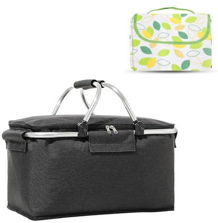 Cestino da Picnic Pieghevole 22,5L con Isolamento Termico - Cestino della Spesa Portatile, Manico in Alluminio Antiscivolo - Ideale per Shopping, Spiaggia, Escursioni - Incluso Telo da Picnic 2x2m