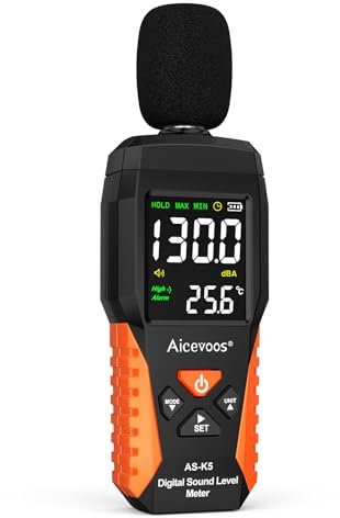 Aicevoos Fonometro, Fonometro Professionale Portatile da 30-130 dB, Allarmi Acustici e Visivi, Ponderato A, Misurazione del Rumore MAX/MIN