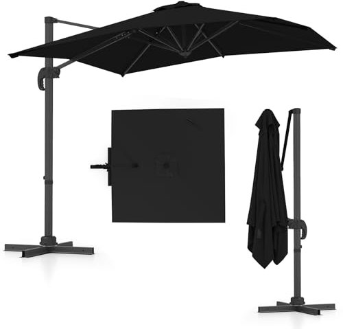 COSTWAY 2.5M Cantilever Garden Parasol, Square Offset Banana Umbrella with 5 Adjustable Tilt, 360° Rotation, Crank Handle & Cross Base, 8-Rib Outdoor Hanging Sun Shade Canopy for Patio Market (Black)