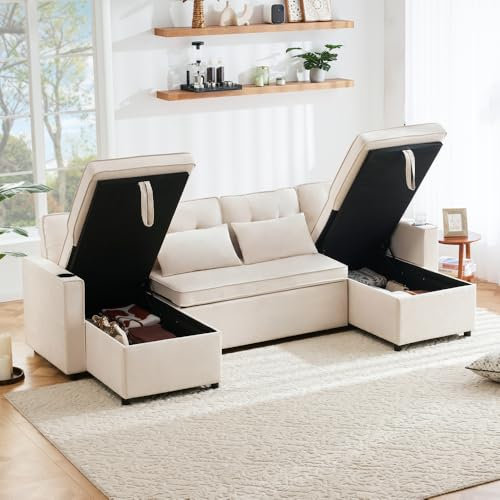 Seyakany Canapé lit avec Fonction Couchage rembourré,canapé d'angle Convertible 4 Places en U,canapé 4 Places Relax,Tissus en Coton et Lin,avec Porte-gobelet,Deux espaces de Rangement (Beige)