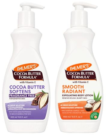 Palmer's Cocoa Butter Lotion Duo – Fragrance-Free Softening & Smooth Radiant Exfoliating Body Lotion 400ml – 48HR Moisture for Sensitive, Dry & Bumpy Skin – With Vitamin E & Natural Ingredients