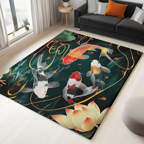 Générique Tapis de Chambre 120x180cm Poisson À La Chinoise Tapis Salon Poils Courts, Motif 3D, Haute densité de Poils et agréablement Doux Tapis de Balcon Terrasse et Couloir