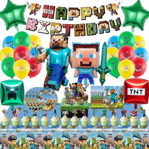 66 PCS MC Birthday Decorations Kit, Complete Set with Happy Birthday Banner,Cake Topper,18/22 in Foil Balloons, 7 Plates,Napkins,Party Decorations for Kids Gaming Themed Parties