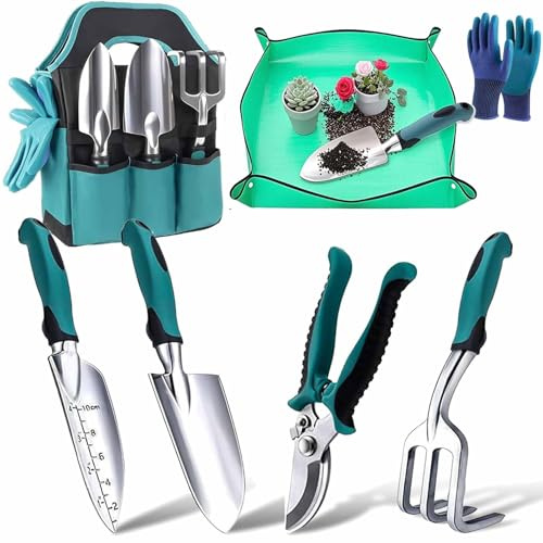 Garden Tools, 7pcs Gardening Hand Tools Set, Lightweight Aluminium Alloy Rust Proof Gift Set with Durable Storage Bag, Ergonomic Anti-slip Handle, Ideal Garden Gifts for Women & Men (Blue Green)