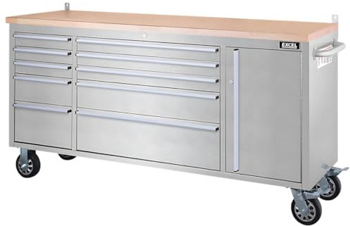 Excel Stainless Steel 10-Drawer Tool Chest – Heavy-Duty Rolling Storage Cabinet for Garage & Workshop, Durable Work Surface, Locking Drawers