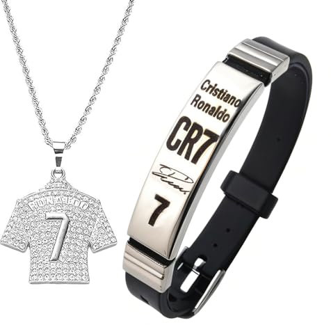 WPNCYK 2 PCS Football Stuff, CR7 Football Star Bracelet Pendant Necklace Set, Football Gifts for Boys, Football Necklace, Champions League Jewelry Gift for Kids Friends Football Fans, Silver
