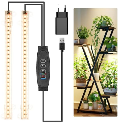 Czoumu Vollspektrum 3500K LED-Pflanzenwachstumsstreifen – 2 Köpfe, 22cm, 3/9/12h Timer, 10 Dimmstufen, ideal für Keimlinge, Sukkulenten, Pflanzenregale und Gewächshäuser, 1er-Pack