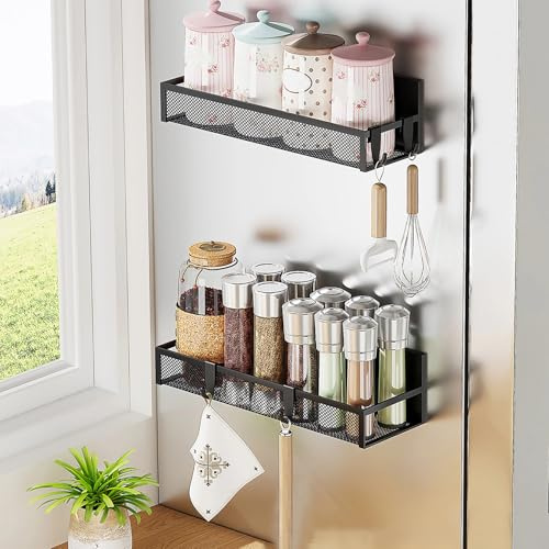 thirei Magnetisches Gewürzregal, 2 Stück Magnetische Gewürzregal für Kühlschrank, Magnetisches Regal, Magnetregal Küchenorganizer mit 10 Kunststoffhaken, für Küche Organisation