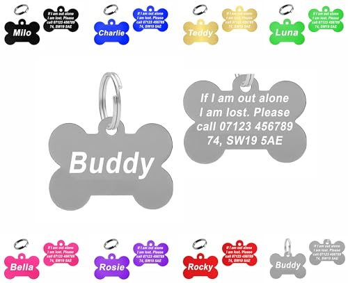 Personalised Engraved Dog Tag | 38mm Wide Bone Shape | ID Tag for Pets | Vibrant Colours (Silver)