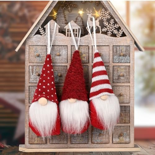 Yhenlovtt Juego de tres figuras de gnomo de Navidad hecho de materiales suaves, diseño de muñeca de punto, perfecto para colgar en árboles, repisas o puertas (rojo)