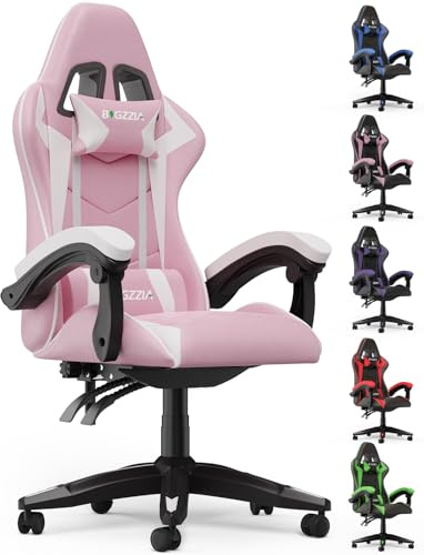 Racingreat Gaming Stuhl Ergonomisch, 90°–135° Neigungswinkel (Rosa Weiß) | PU-Leder, Memory-Schaum, öhenverstellbar & 360° drehbar, Zocker Stuh, Junge Erwachsene Gamer Büro Pause Familien