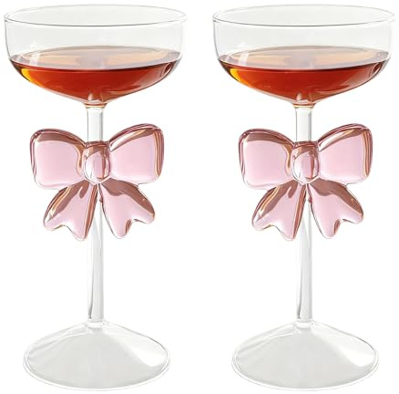 Hapivida 2 Pcs Bow Martini Glass, 300ml Clear Crystal Champagne Glass Aesthetic Wine Glasses with Pink Bow Handblown Stemless Cocktail Cup for Birthday Wedding Party Supplies