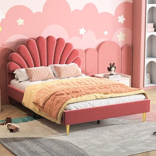 Kinderbett 140 x 200 cm, Rot Prinzessinnenbett, Doppelbett Polsterbett mit Kopfteil in Blumenform und Lattenrost, Stabiler Bettgestell Bett Jugendbett in hautfreundlichem Samtstoff für Kinder, Jugend