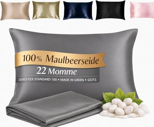 Zenpur Seiden Kissenbezug 50x70 cm Aus 100% Maulbeerseide 22 Momme Grad 6a, Für Schöne Haare Und Gepflegte Haut Gegen Frizz Und Gegen Falten Kissen Bezug GOTS & Oeko-tex Zertifiziert (Grau)