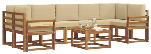 vidaXL Outdoor-Sofagarnitur mit Kissen 8 pcs Natur und Beige, Sofa-Set aus Akazienholz für draußen, modernes modulares Design, Loungemöbel für die Terrasse, Flexibles Garten-Sofa, Garten-Lounger