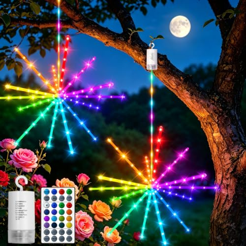 GCMacau 16 RGB Outdoor Hanging Firework Lights, 224 LED Starburst and Memory Garden Lights Battery Operated with Remote, 8 Modes Waterproof Hanging Garden Gazebo Light for Patio Porch Balcony Tree