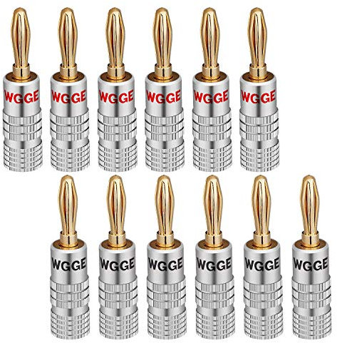 WGGE WG-009 Banana Plugs Audio Jack Connector 6 Pairs / 12 pcs, 24k Gold Dual Screw Lock Speaker Connector for Speaker Wire, Wall Plate, Home Theater, Audio/Video Receiver and Sound Systems