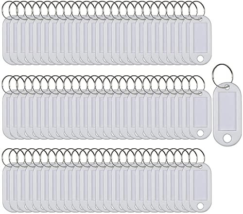Lot de 100 étiquettes porte-clés en plastique avec anneau fendu Blanc