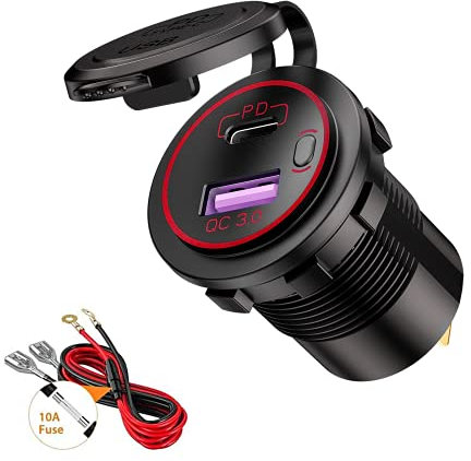 Thlevel Auto USB Ladegerät KFZ QC3.0 PD Type C mit Switch für 12V-24V Fahrzeuge Boot Motorrad SUV Bus LKW Wohnwagen Marine Red