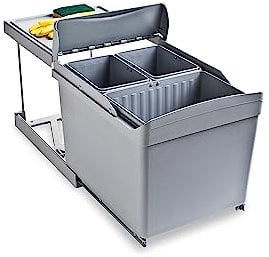 EMUCA - Contenedores de reciclaje para cocina, Cubos de basura bajo fregadero 1 x 16L + 2 x 7,5L, fijación inferior y extracción automática, Plástico gris