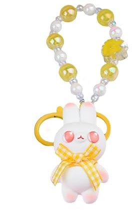 ZDHC Niedliche Schleife Kaninchen Schlüsselanhänger Kawaii Cartoon Bunny Schlüsselanhänger Tier Geldbörse Charm Dekoration für Frauen Mädchen mit Perlen Armband, gelb, One size