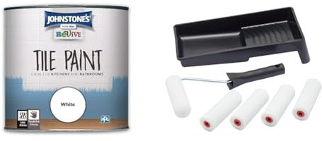 Johnstone's Revive - Tile Paint - White - Upcycling Paint - Gloss Finish 750 ml & Fit For The Job 7 pc Foam Mini Paint Roller Set for Painting with Gloss & Satin, Small Roller