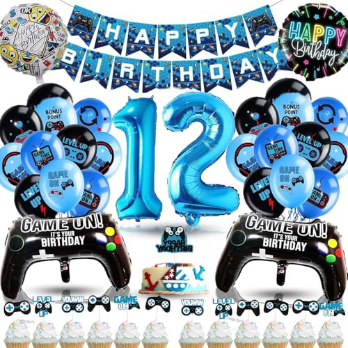 Betensh Geburtstagsdeko 12 Jahre Junge, Luftballon 12. Geburtstag Junge, Deko 12 Geburtstag Junge mit Videospiel Tortendeko, Geburtstagsdeko Junge Ballons Blau für Gamer Deko Party