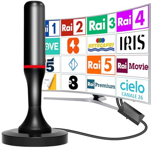 Antenna TV Interna Amplificata Potente,2025 Antenna Smart TV da Interno con cavo da 3m, Potente Base Magnetica, Ricezione a 360° Supporta 4K/1080p/VHF/UHF DVB-T/T2 Canali Gratuiti