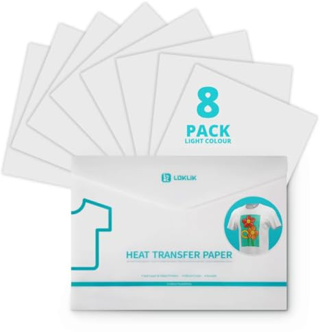 LOKLIK Heat Transfer Paper for White Fabrics - 8 Sheets Iron-On Paper for Cotton T-Shirts & Textile Materials - Crafting Materials for Heat Transfer Vinyl