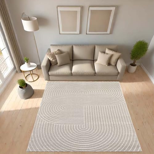 Moderner In & Outdoor Kurzflor Boho Skandi Designer Teppich mit 3D Effekt für Wohnzimmer Schlafzimmer und die Küche auch für Balkon und Terrasse geeignet beige 160x230 cm